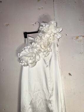 MESHKI Olivia Strapless Satin Rose Wedding Gown in White